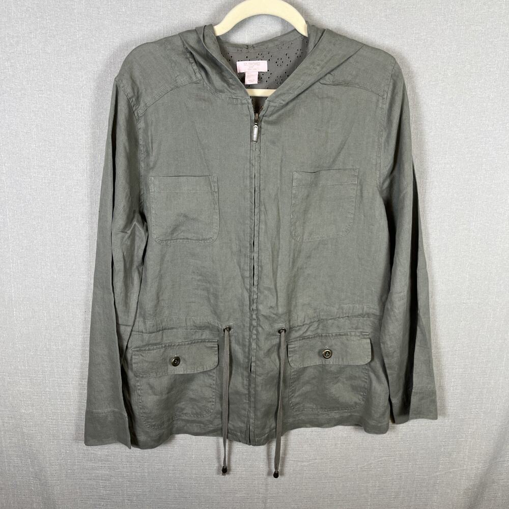 St. Tropez West Womens Green 100% Linen Button up Jacket Shacket Size XL Utility